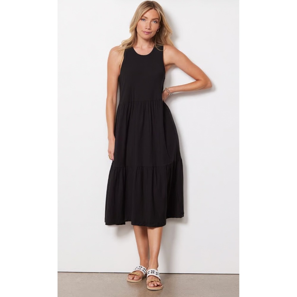 Nation LTD Melissa Tiered tank dress Black Slub Knit Sleeveless Crew Neck Empire